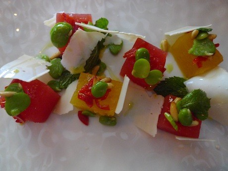 Watermelon with ricotta salata and fava beans at Frenchie Bar à Vins, in the 2nd Arrondissement of Paris