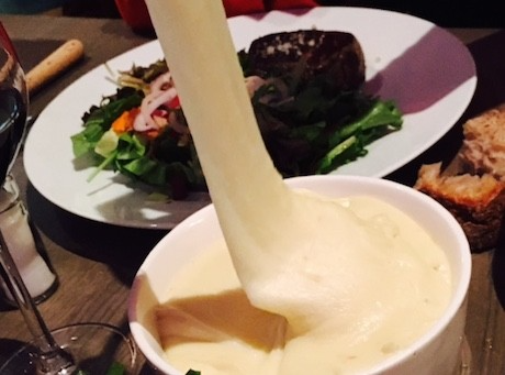 Aligot was our side dish, this is mashed potatoes with cheese and nectar of the gods!