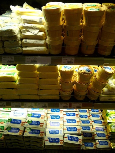 The butter aisle in Paris grocery stores offers lots of options
