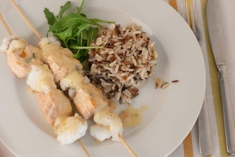 Monkfish and salmon brochettes with tarragon beurre blanc 