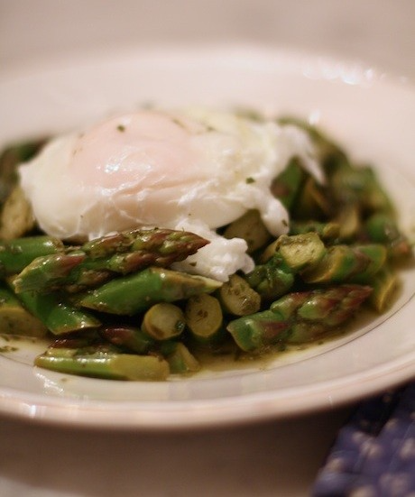 Warm herbed asparagus salad with poached eggs