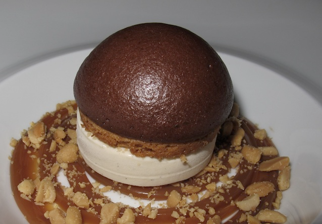 The "balano" dessert—chocolate cake with banana ice cream, caramel sauce and peanuts—at Mexican-born chef Béatriz Gonzales's Paris restaurant Neva.