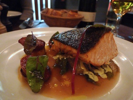 Salmon with braised sucrine and chorizo at Albion, a Paris bistro and wine bar in the 10th Arrondissement, new from the crew behind the beloved Fish la Boissonnerie
