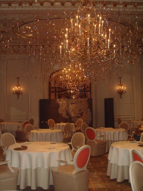 The dining room at the Alain Ducasse restaurant at the Plaza Athénée hotel in the 8th Arrondissement of Paris