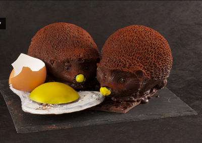 Chocolate hedgehogs in the window at Patrick Roger.
