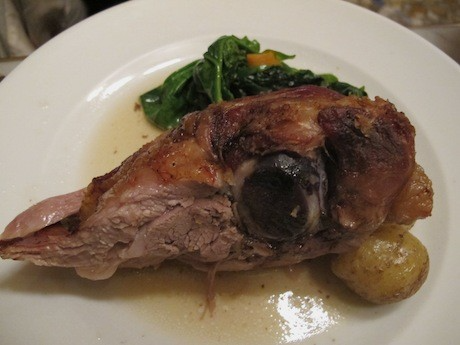 Bone-in lamb with wilted spinach and baby potatoes at Le Baratin, a homestyle Paris bistro in the 20th Arrondissement of Paris